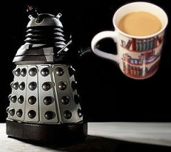 A Dalek (the redesigned model from 2010) enjoying a “cuppa”