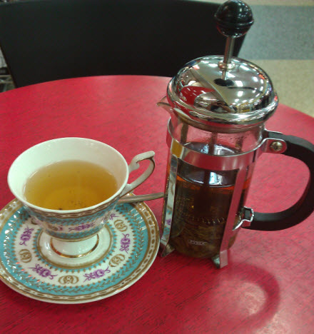 Lung Ching Green Tea, French Press and English Teacup