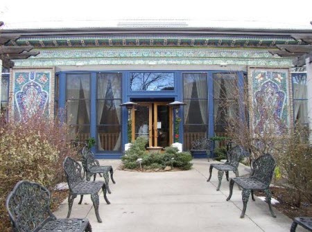 The exterior of Dushanbe Boulder Tea House is covered in handmade ceramic tiles