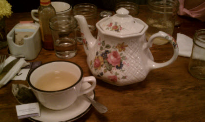 One of the eclectic English-style teapots at “tbsp.” (Sorry about the teabag!)