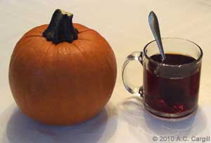 Contemplating the pie within that pumpkin while sipping a nice cuppa Assam. (Photo source: A.C. Cargill, all rights reserved)