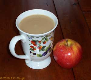 Cuppa and an apple – sip and crunch while you read! (Photo source: A.C. Cargill, all rights reserved)  