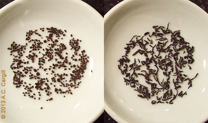 CTC Assam on the left. Orthodox Keemun Panda on the right (I didn’t have any Assam on hand at the time). (Photo source: A.C. Cargill, all rights reserved)