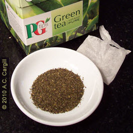 Trying green tea from PG Tips involved first removing it from the confines of the teabag. (photo by A.C. Cargill, used with permission)