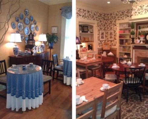 Charlottes Tea Room: Screen captures from their Facebook photo album – their Blue Willow Room (left) and Library Room (right). (Used with permission from the charming owner.)