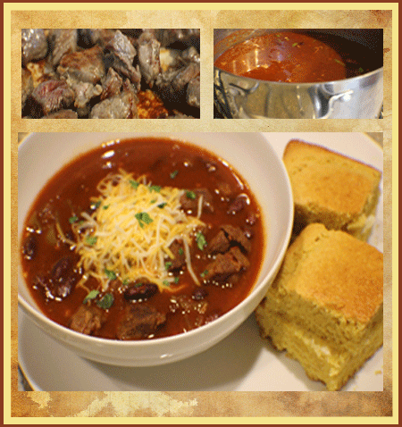 Tea Chili and Cornbread - perfect for cooler weather tea times! (photo by Janet Sanchez, all rights reserved)