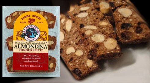 Almondina Gingerspice Cookie Biscuits in the package (ETS Image) and a close-up via Yahoo! Images.
