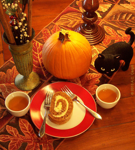 Sharing a slice of pumpkin swirl loaf and a couple of cups of Darjeeling! (Photo by A.C. Cargill, all rights reserved)