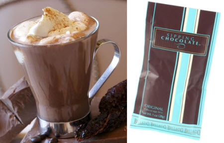 Bellagio Sipping Chocolate Original Single Serve – even better with whipped cream! (Stock image on left and ETS image on right)