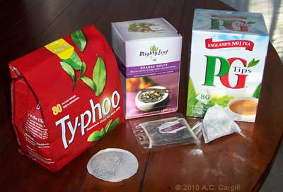 Three popular bagged brands. The middle one had a string and tag for easier dunking. (Photo by A.C. Cargill, all rights reserved)