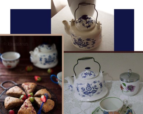 My blue-and-white teapot at top plus two very similar ones I happened to see online. (Composite image, all rights reserved)