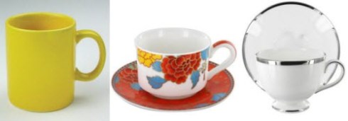 Left to right: 11oz Cafe Teacup (aka Mug) in Yellow, Gold Peony Porcelain Teacup and Saucer Set, Wedgwood Sterling Teacup and Saucer Set (ETS image composite)