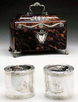 A Pair of George III Silver Tea Caddies with Silver-Mounted Tortoise Shell Case London 1771 (From Pinterest)