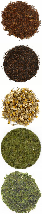 Top to bottom: Rooibos, Honeybush, Chamomile, Yerba Mate, Peppermint (ETS images)